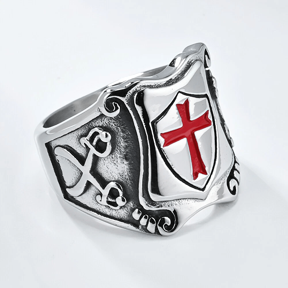 Christianartworkshop Medieval Style Red Cross Shield Ring with Knightly Design and Engraved Details - image 8