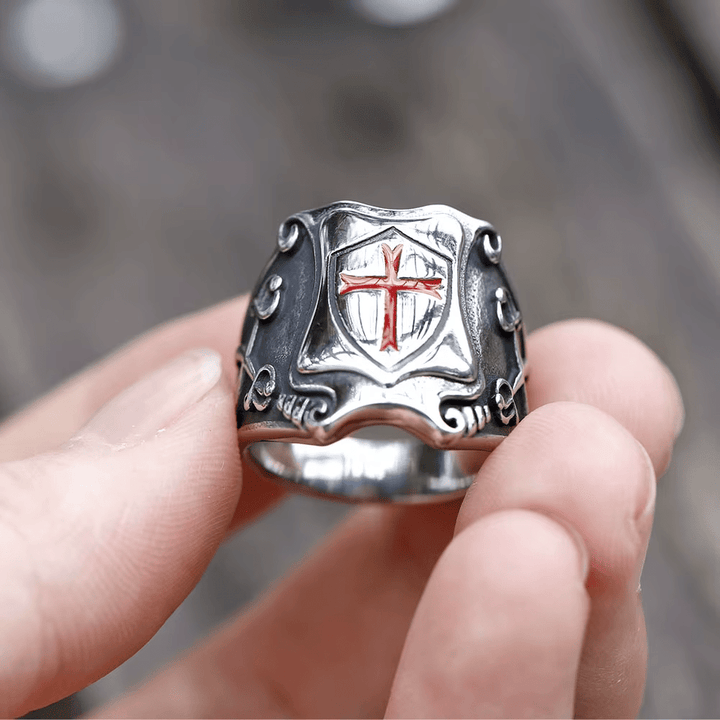 Christianartworkshop Medieval Style Red Cross Shield Ring with Knightly Design and Engraved Details - image 3