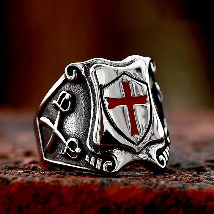 Christianartworkshop Medieval Style Red Cross Shield Ring with Knightly Design and Engraved Details - image 6
