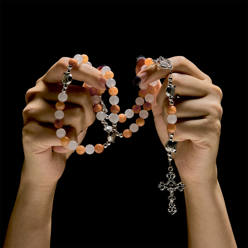 Christianartworkshop Orange & White Quartz with Cat Face Stainless Steel Charms of Orange Tabby Bracelet, Animal Rosary - image 1