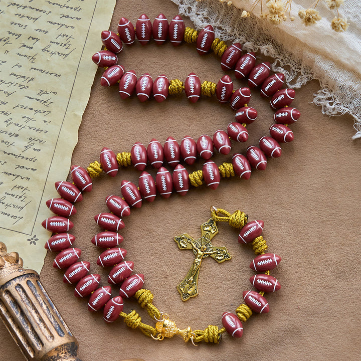 Christianartworkshop Holy Grail Blessing with Red Football Rosary and Golden Cord: Prayer for Strength - Football Rosary - image 0