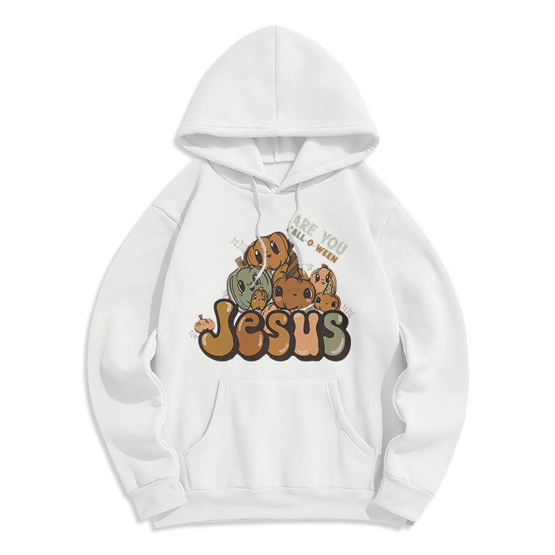 Christianartworkshop Whimsical Pumpkin Design with "Jesus" Print Fleece Lined Polyester Hoodie - White - 2XL - image 7