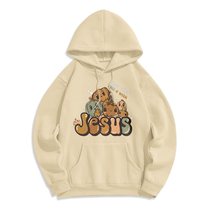Christianartworkshop Whimsical Pumpkin Design with "Jesus" Print Fleece Lined Polyester Hoodie - Beige - 2XL - image 3