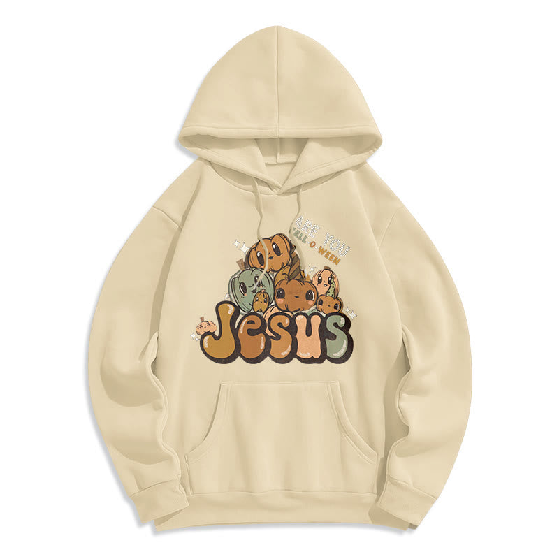 Christianartworkshop Whimsical Pumpkin Design with "Jesus" Print Fleece Lined Polyester Hoodie - Beige - 2XL - image 3