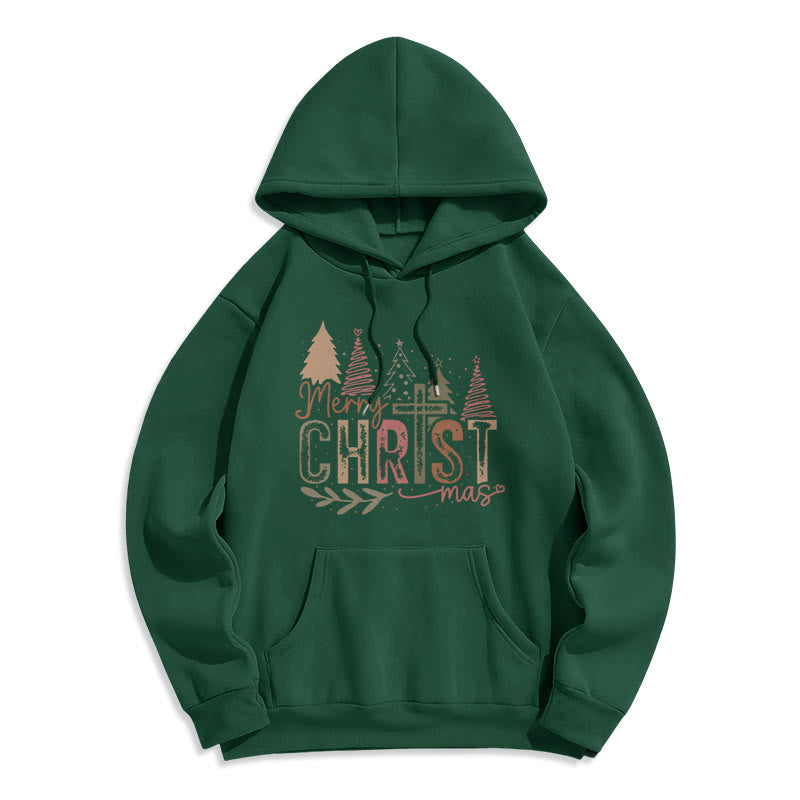 Christianartworkshop Merry Christmas Religious Cross and Tree Design Fleece Lined Polyester Hoodie - Green - 2XL - image 4