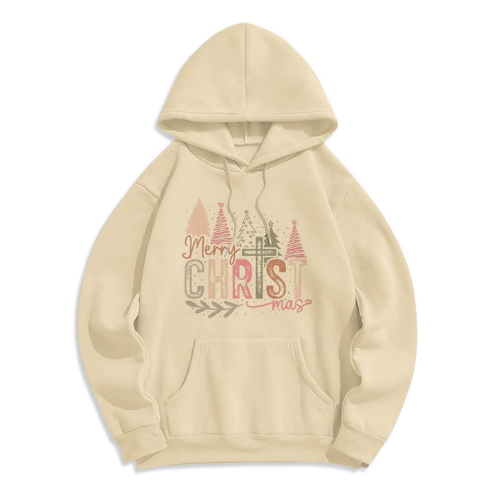Christianartworkshop Merry Christmas Religious Cross and Tree Design Fleece Lined Polyester Hoodie - Beige - 2XL - image 3