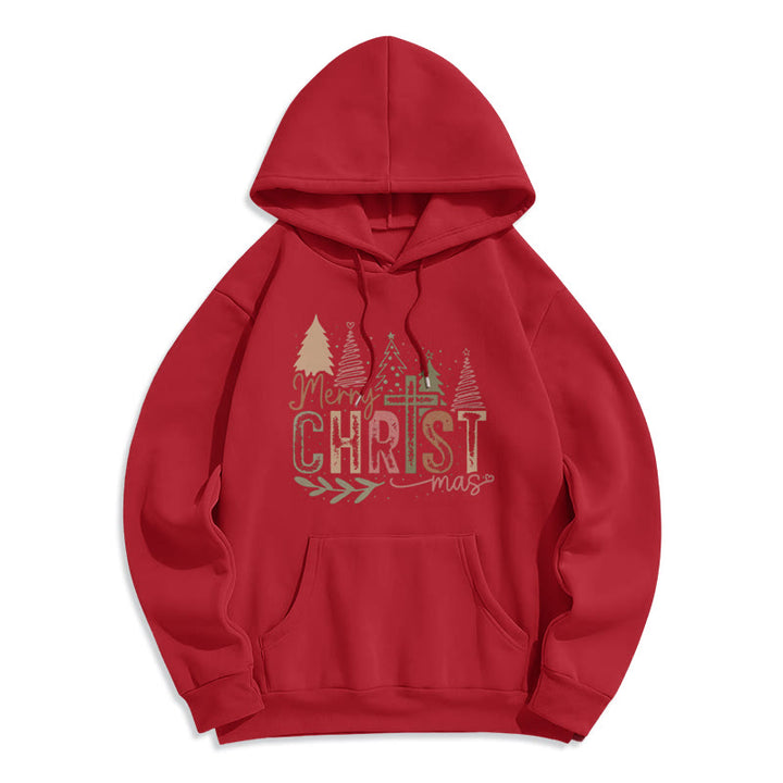 Christianartworkshop Merry Christmas Religious Cross and Tree Design Fleece Lined Polyester Hoodie - Red - 2XL - image 2