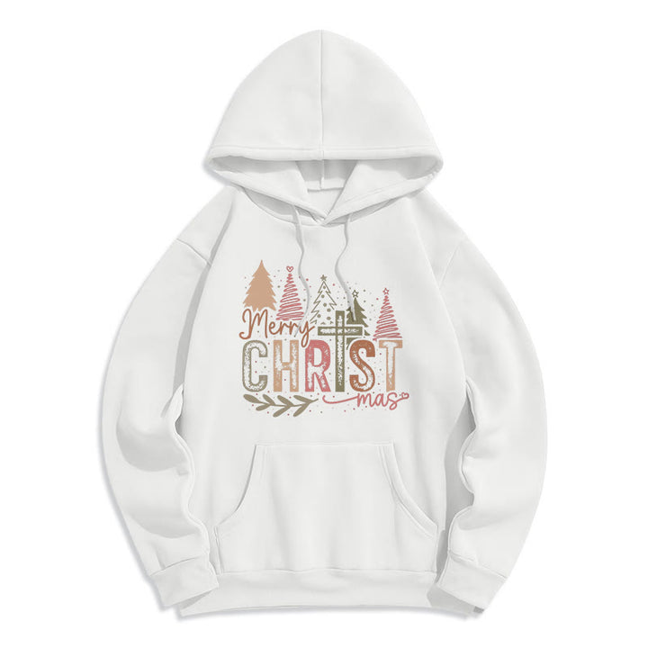 Christianartworkshop Merry Christmas Religious Cross and Tree Design Fleece Lined Polyester Hoodie - White - 2XL - image 0