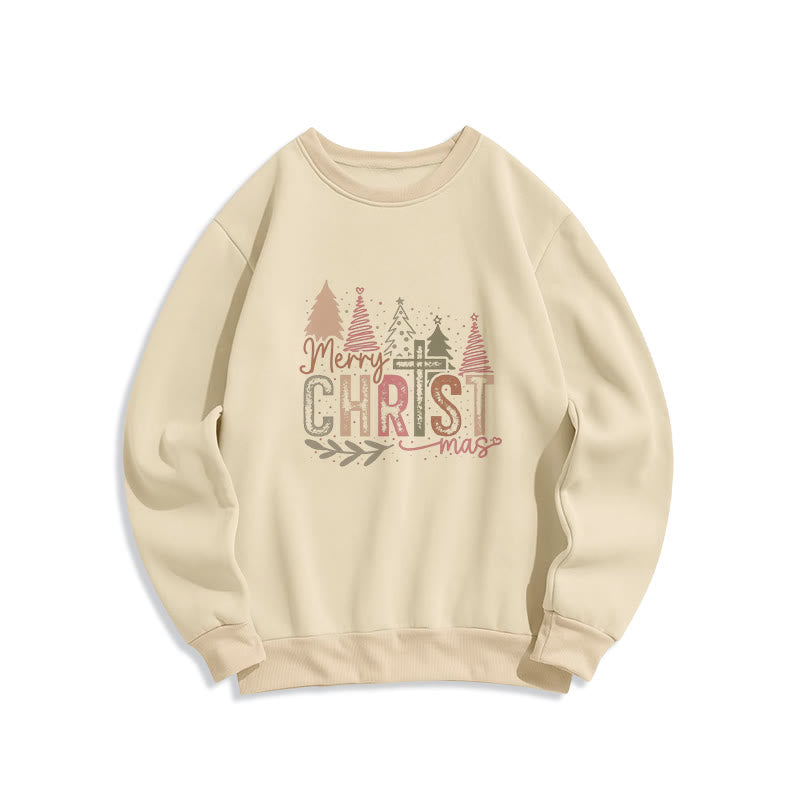 Christianartworkshop Merry Christmas Religious Cross and Tree Design Fleece Lined Polyester Sweatshirt - Beige - 2XL - image 2