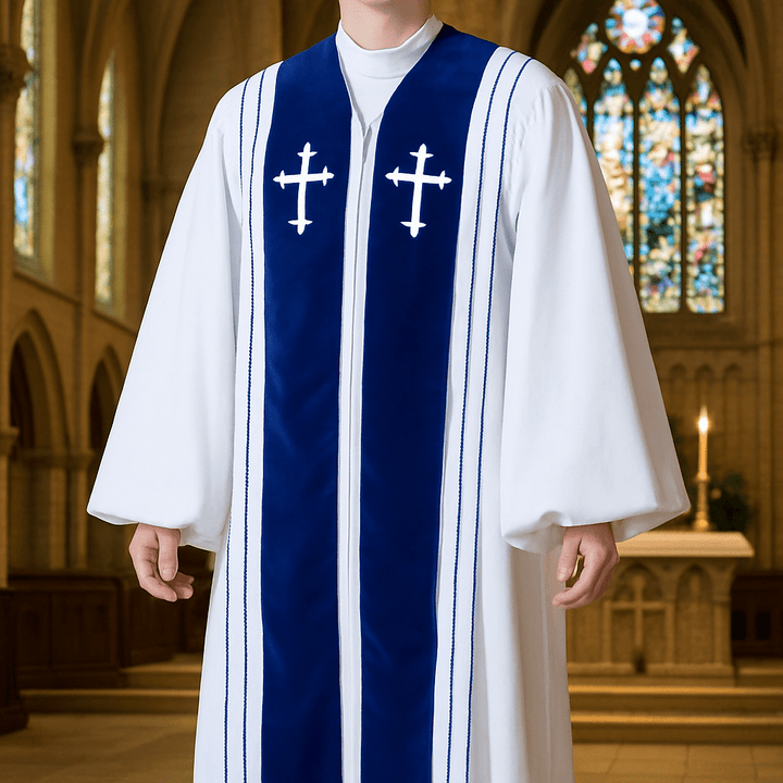 Christianartworkshop White Church Clergy Robe with Embroidered Crosses and Blue Panel Design - image 0