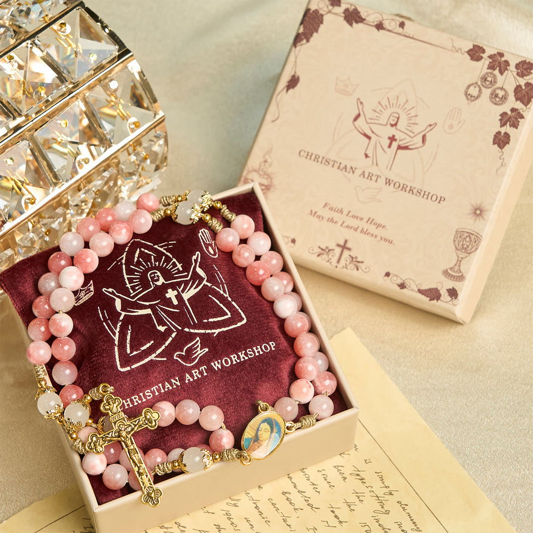 Christianartworkshop Handmade Pink Glossy Beads Rosary with Brass Crucifix and Our Lady Charm - Our Lady & Crucifix - image 0