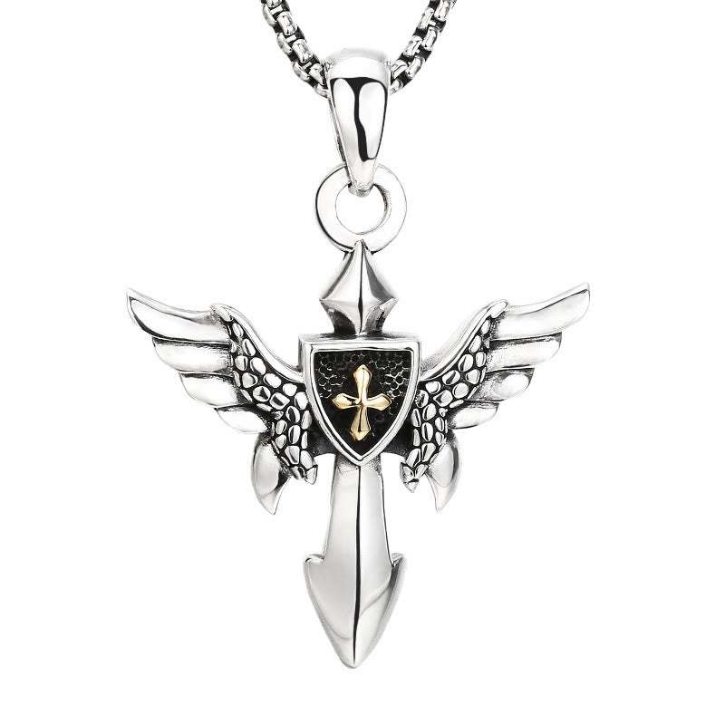 Christianartworkshop Artistic Winged Silver Cross Pendant with Shield Detail: A Unique Blend of Art and Belief - image 4
