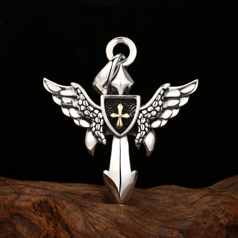 Christianartworkshop Artistic Winged Silver Cross Pendant with Shield Detail: A Unique Blend of Art and Belief - 925 Sterling Silver - image 0