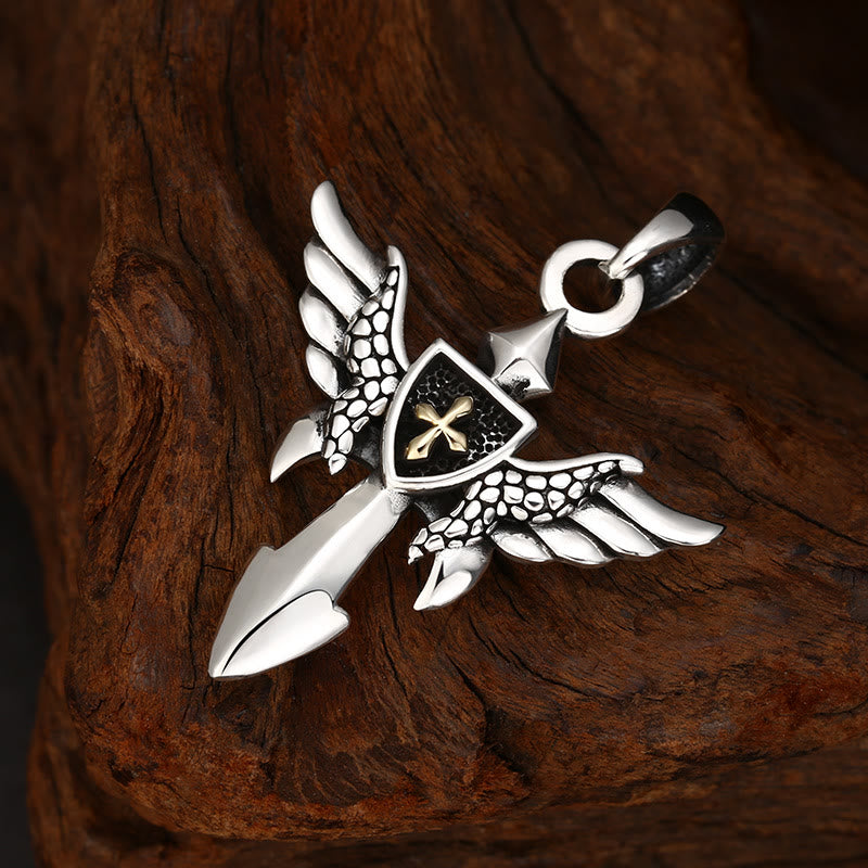 Christianartworkshop Artistic Winged Silver Cross Pendant with Shield Detail: A Unique Blend of Art and Belief - image 1