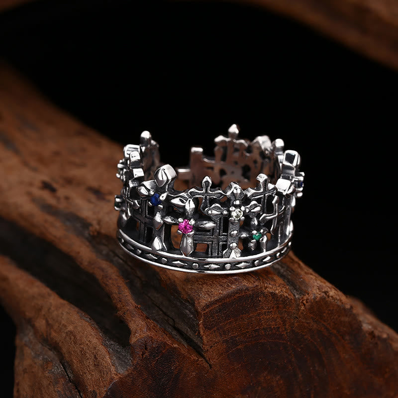 Christianartworkshop Gothic - Inspired Silver Crown Cross Ring with Zircon: A Bold Expression of Spiritual Reverence - image 1