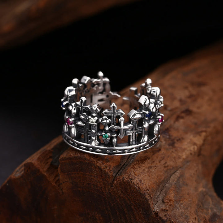 Christianartworkshop Gothic - Inspired Silver Crown Cross Ring with Zircon: A Bold Expression of Spiritual Reverence - Suitable for AU Size O - AU Size S - image 0
