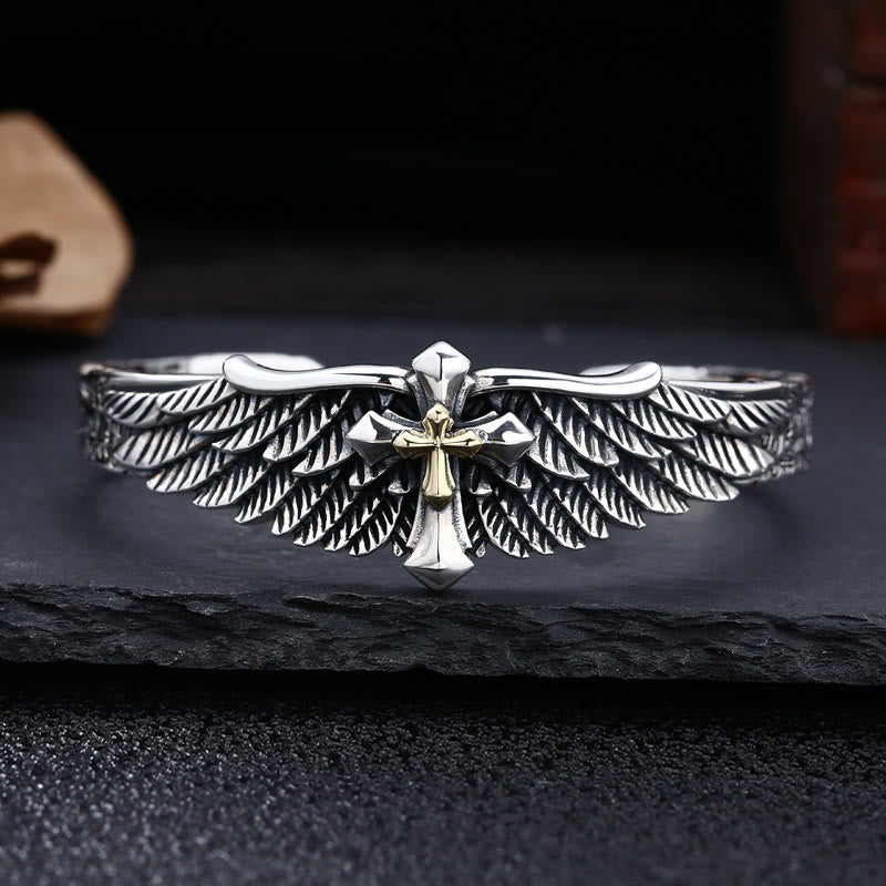 Christianartworkshop Vintage Two - Tone Silver Wing Cross Ornament Bracelet: A Cherished Symbol of Spiritual Connection - 925 Sterling Silver - image 0