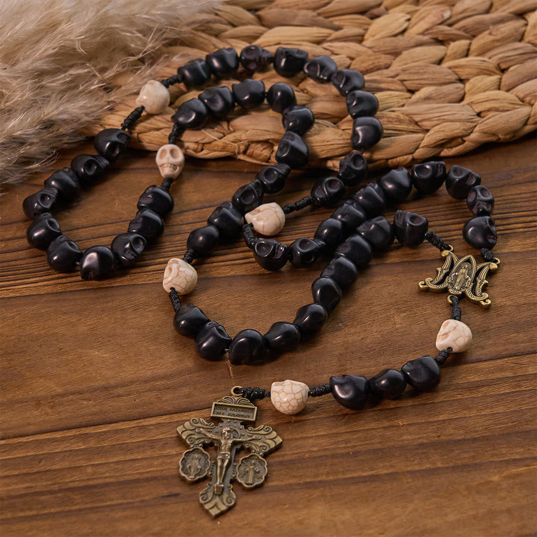 Christianartworkshop Light Over Darkness - Pardon Crucifix of Mercy with Black Skull Beads Prayer Rosary - Black Skull Rosary - image 0