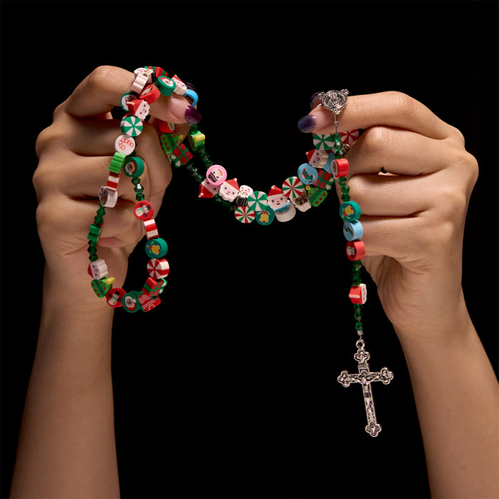Christianartworkshop Unique Christmas Celebration Rosary with Colorful Candy Cane, Santa & Snowman - image 1
