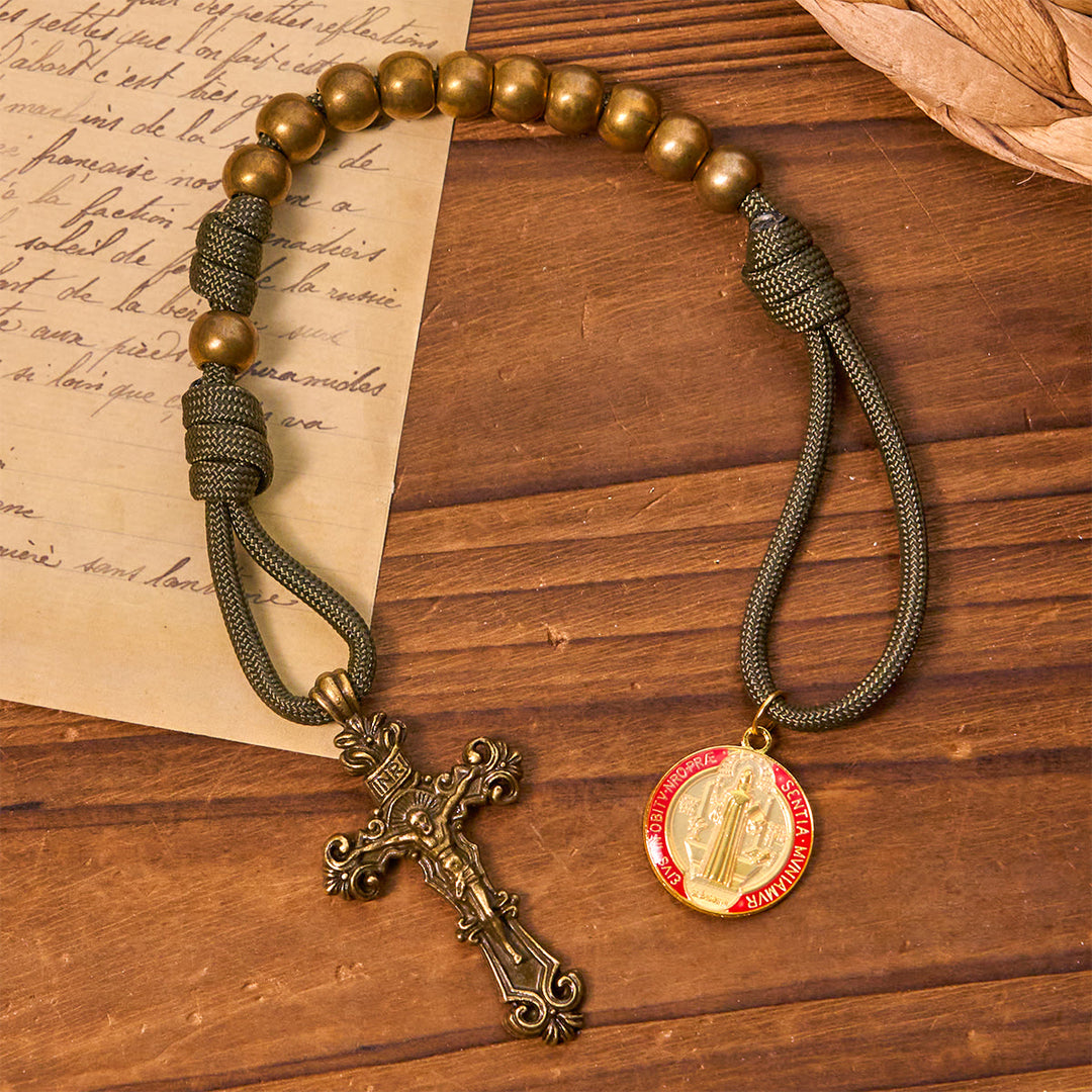 Christianartworkshop St. Benedict Protection All-Place Portable Bronze Beads Nylon Cord Pocket Rosary - St. Benedict & Crucifix - image 0