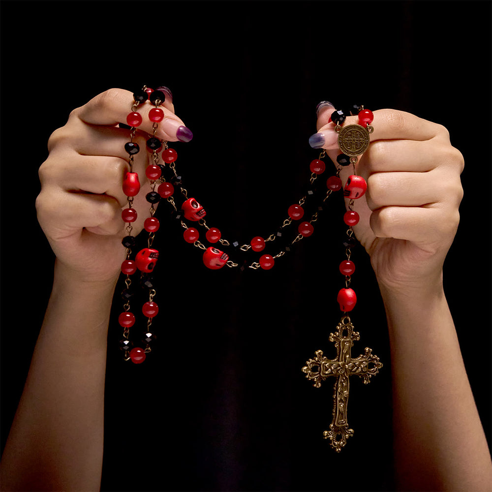 Christianartworkshop Gothic Elegance Rosary with Red Skull Accents & Ornate Floral Cross - image 1