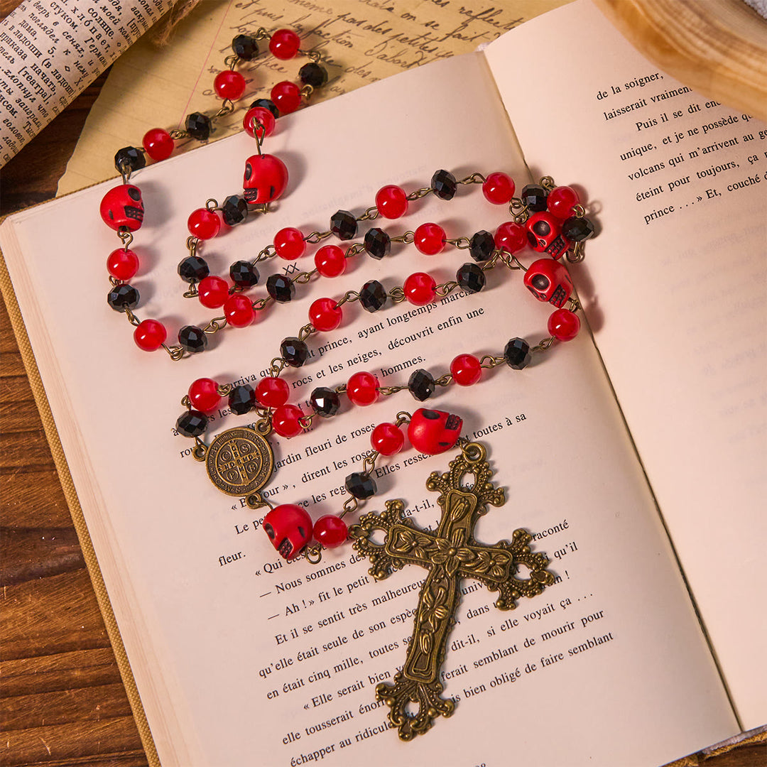 Christianartworkshop Gothic Elegance Rosary with Red Skull Accents & Ornate Floral Cross - Halloween Rosary - image 0