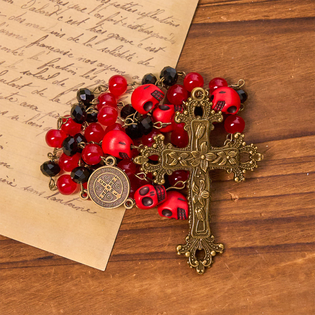 Christianartworkshop Gothic Elegance Rosary with Red Skull Accents & Ornate Floral Cross - image 5