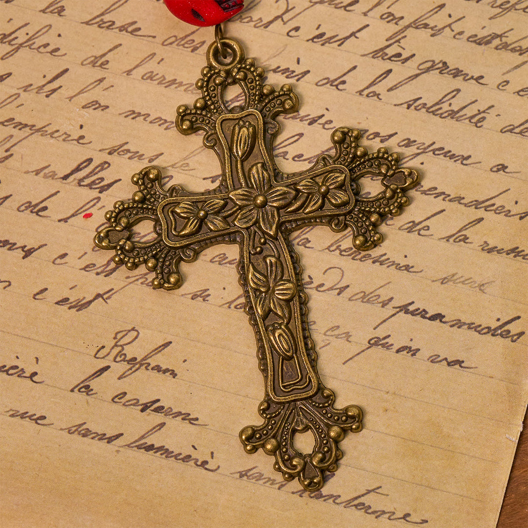 Christianartworkshop Gothic Elegance Rosary with Red Skull Accents & Ornate Floral Cross - image 8