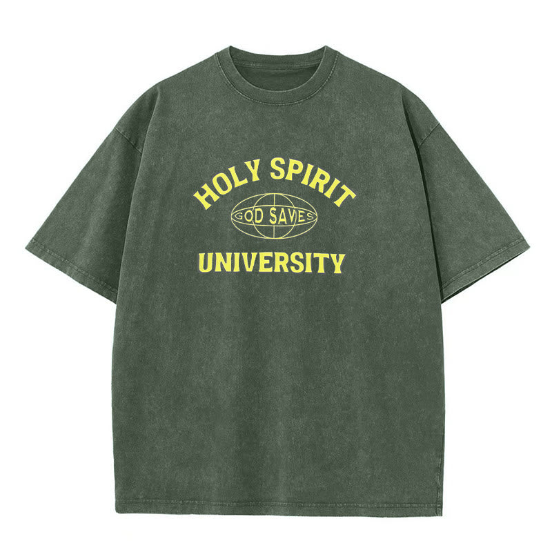 Christianartworkshop Holy Spirit University God Saves Unisex Washed T - Shirt - Army Green - 5XL - image 2