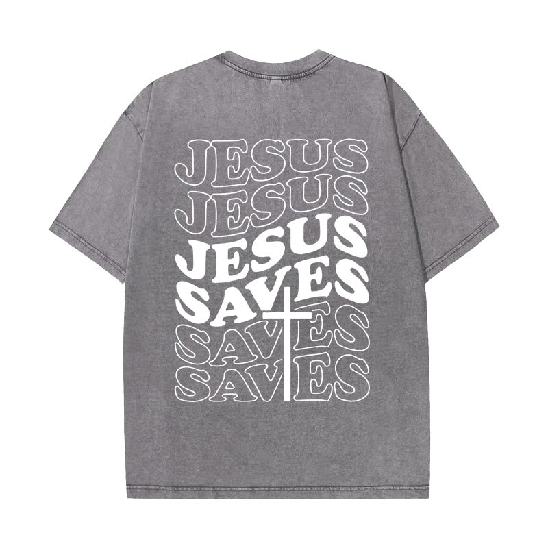 Christianartworkshop Jesus Saves Cross Graphic Unisex Washed T - Shirt - Grey - 5XL - image 0
