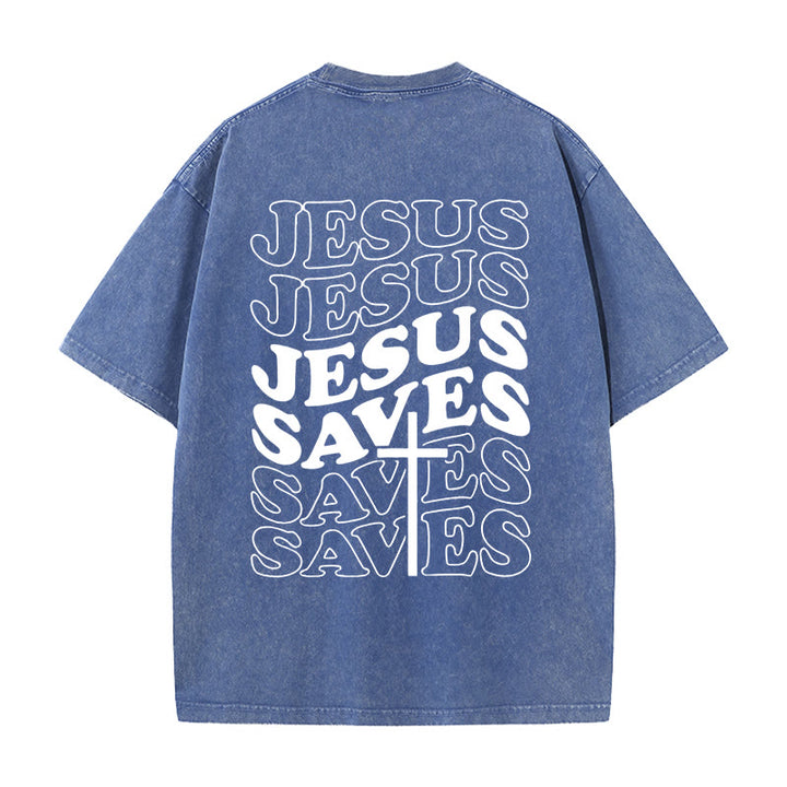 Christianartworkshop Jesus Saves Cross Graphic Unisex Washed T - Shirt - Blue - 5XL - image 9