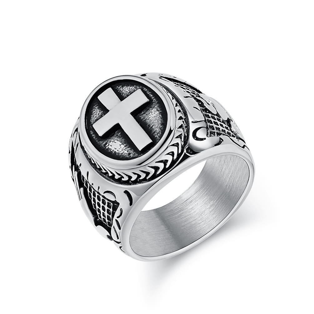 Christianartworkshop Metallic Cross Ring with Praying Hands Detail: Spiritual Fashion Pick - Silver - US 13 - image 2
