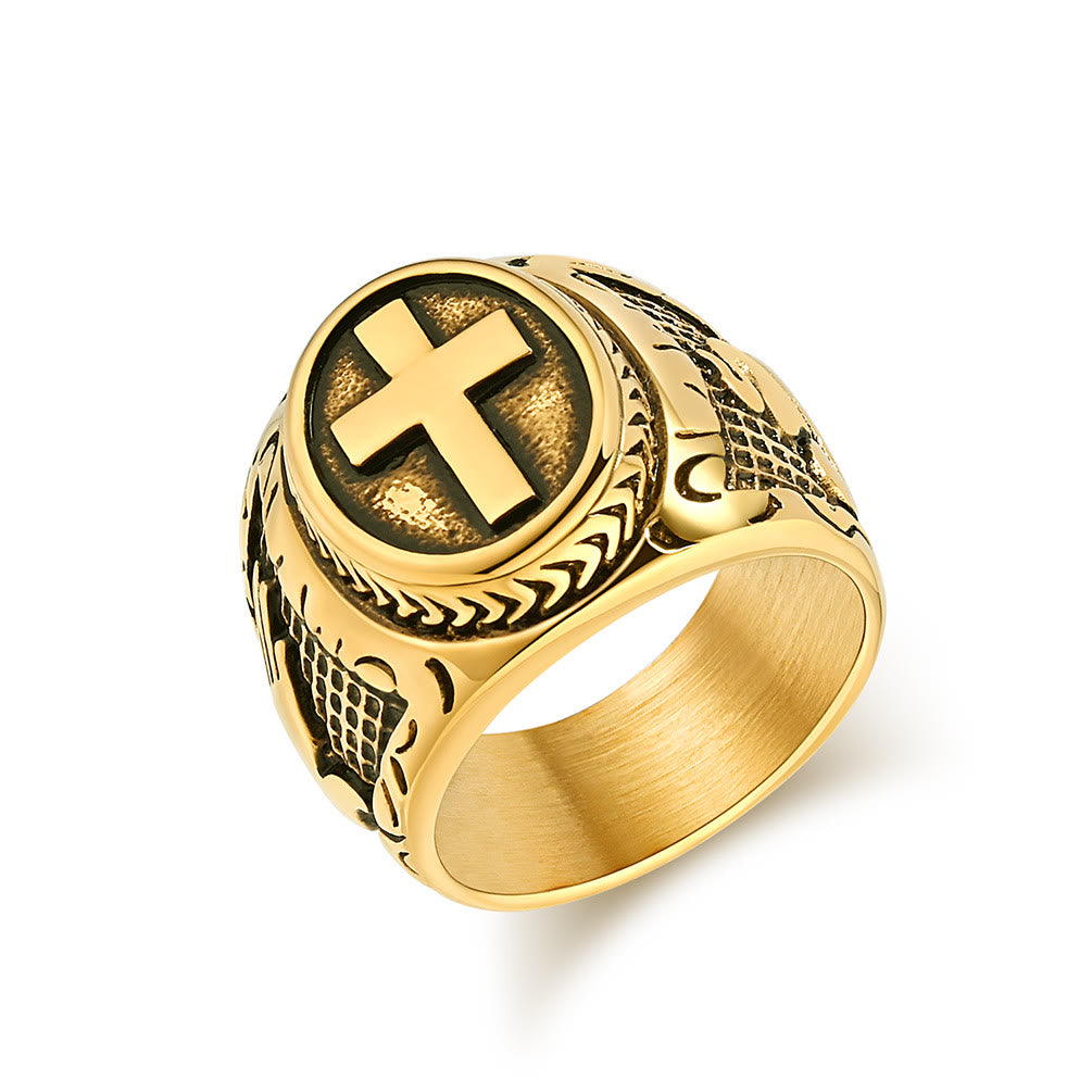 Christianartworkshop Metallic Cross Ring with Praying Hands Detail: Spiritual Fashion Pick - Golden - US 13 - image 5