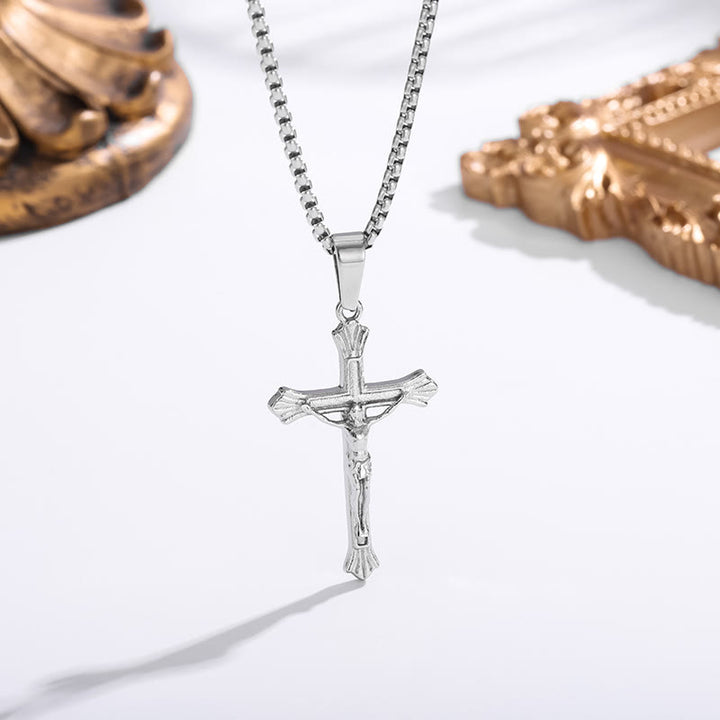 Christianartworkshop Tri - Color Jesus Crucifix Necklace: A Fusion of Faith and Stylish Hues - Silver - image 4