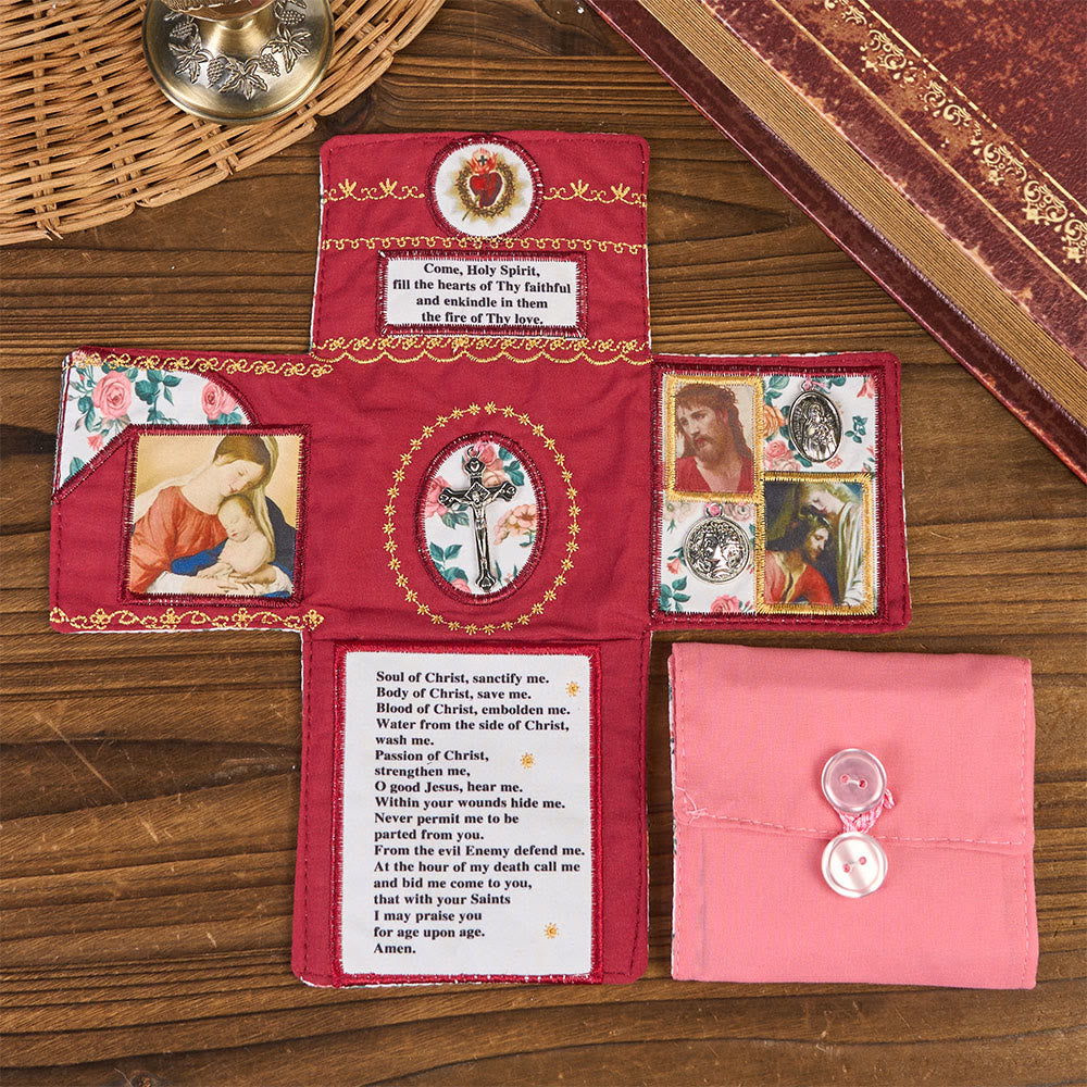 Christianartworkshop 4-Color Embroidered Fabric Pocket Shrine with Silver Cross Included Inside - Red - image 0