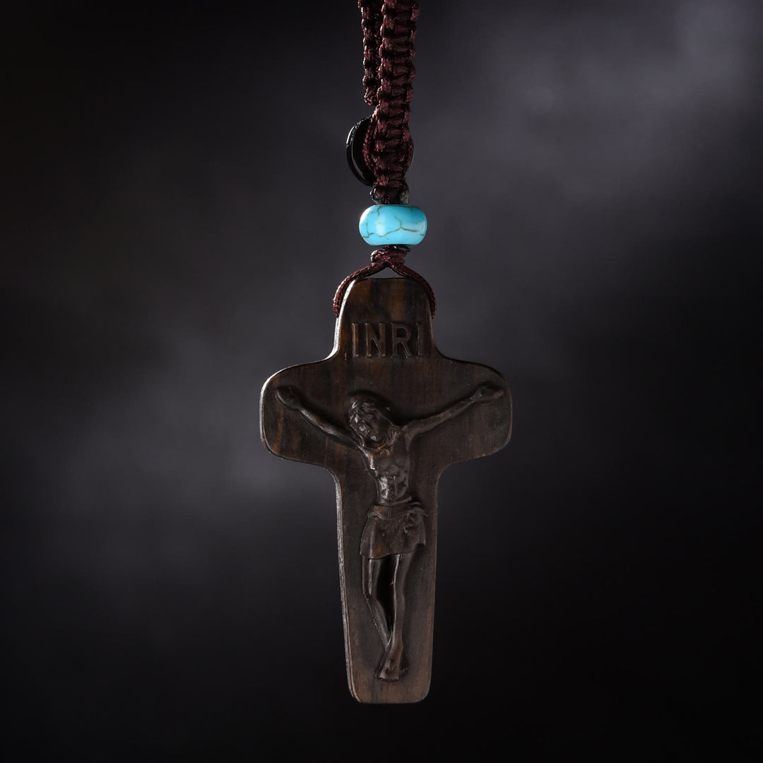 Christianartworkshop Dual - Color Wooden Jesus Cross Keychain with INRI & Turquoise Bead - Blackwood - image 2