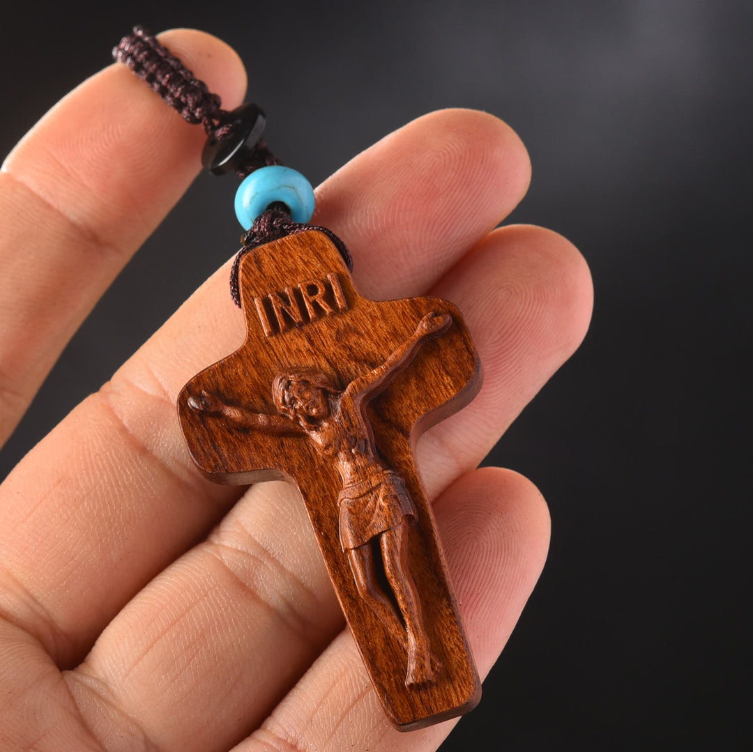 Christianartworkshop Dual - Color Wooden Jesus Cross Keychain with INRI & Turquoise Bead - image 1