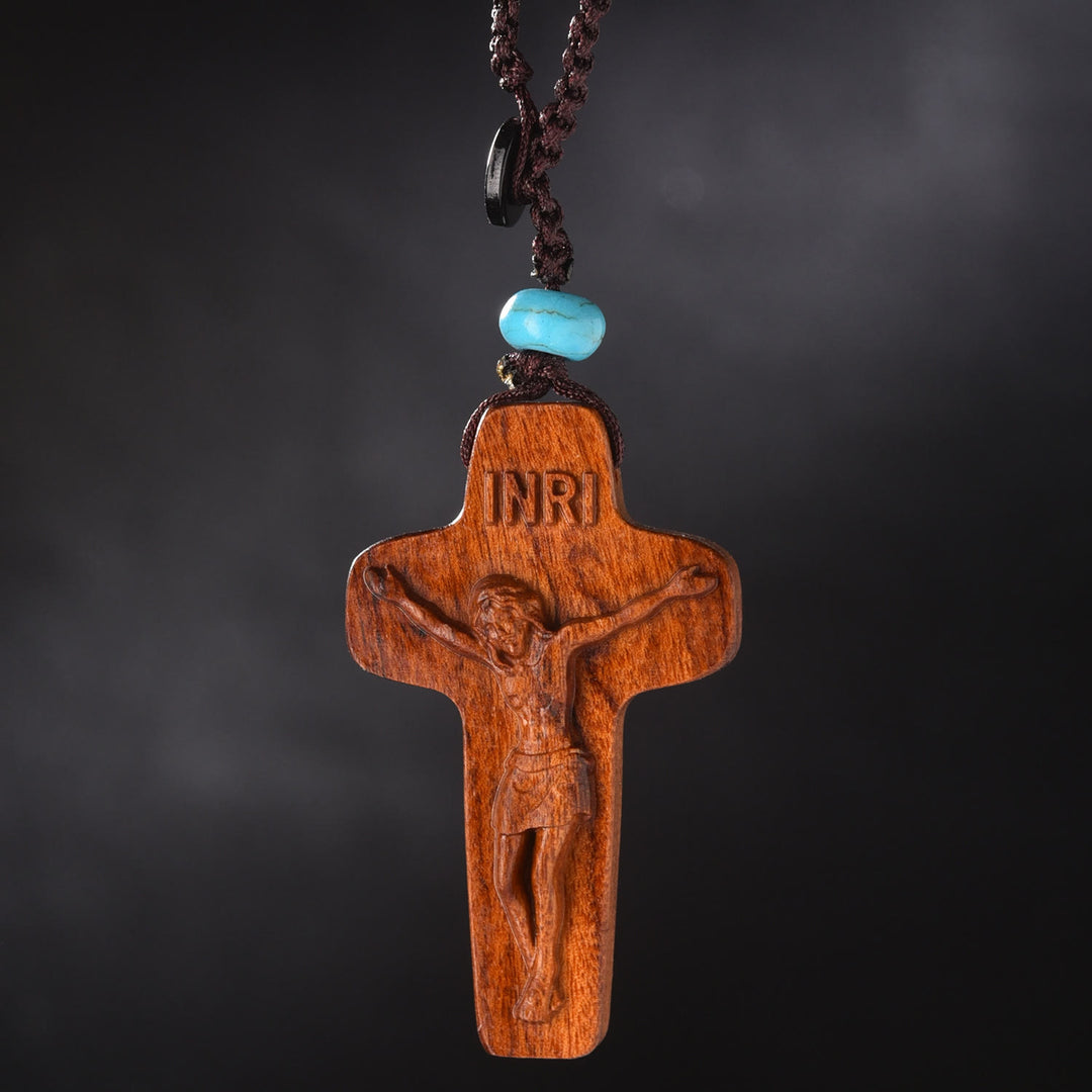 Christianartworkshop Dual - Color Wooden Jesus Cross Keychain with INRI & Turquoise Bead - image 3