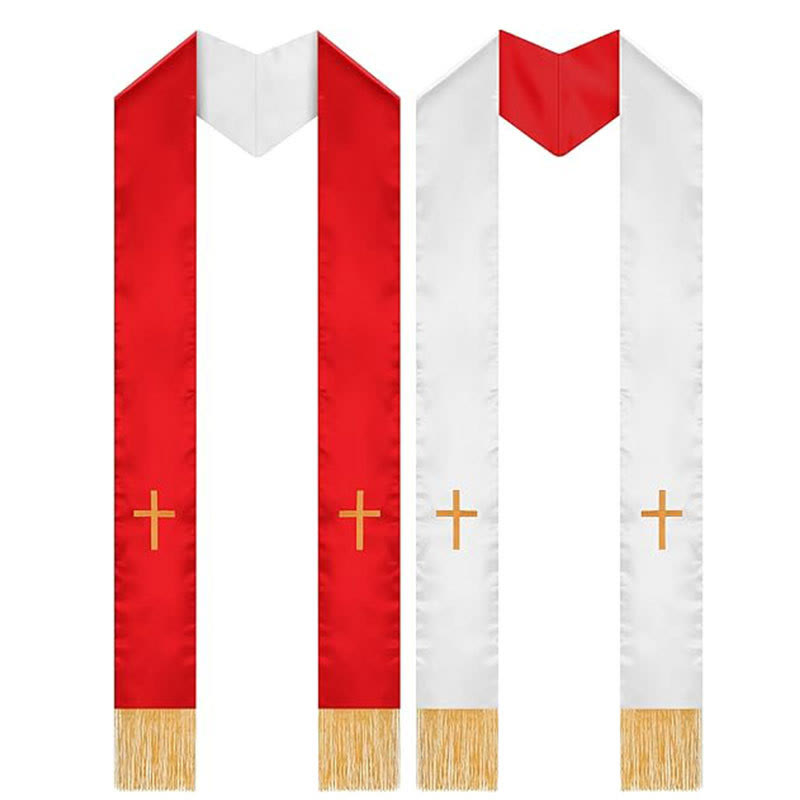 Christianartworkshop Traditional Multi-Color Clergy Stole with V-Neck & Straight Neck - Red & White (Reversible) - image 6