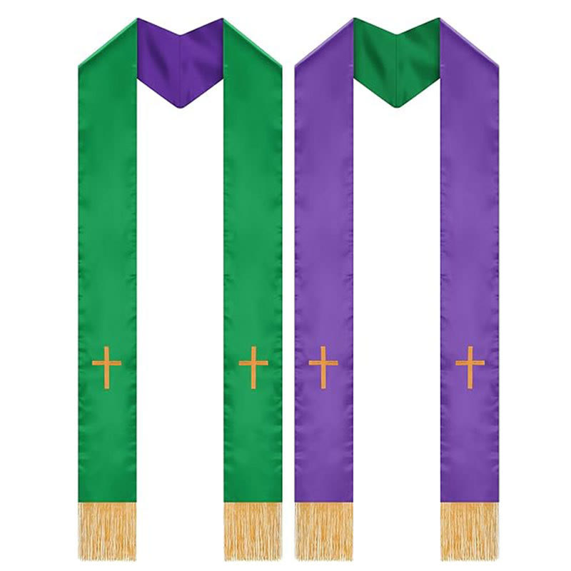 Christianartworkshop Traditional Multi-Color Clergy Stole with V-Neck & Straight Neck - Purple & Green (Reversible) - image 3