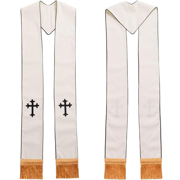 Christianartworkshop Ceremonial White Clergy Stole with Colored Crosses and Golden Fringe - Black Cross - image 0