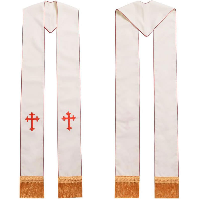 Christianartworkshop Ceremonial White Clergy Stole with Colored Crosses and Golden Fringe - Red Cross - image 2