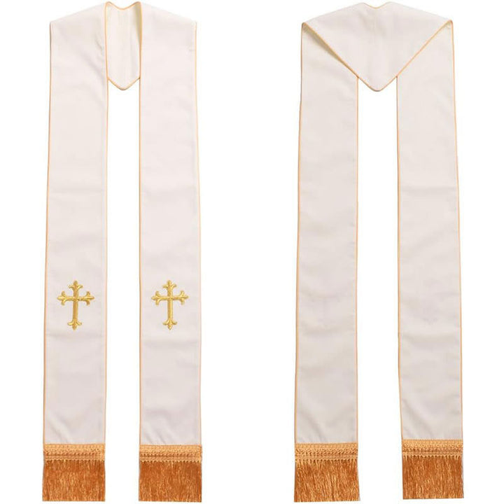 Christianartworkshop Ceremonial White Clergy Stole with Colored Crosses and Golden Fringe - Golden Cross - image 1