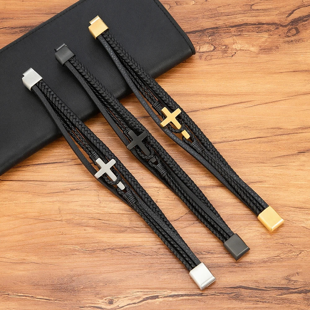 Christianartworkshop Tri - Color Stainless Steel Cross & Braided Leather Fashion Bracelet - image 13