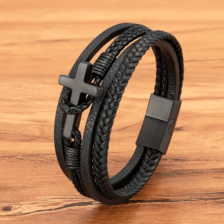Christianartworkshop Tri - Color Stainless Steel Cross & Braided Leather Fashion Bracelet - Black Cross - 23CM - image 0