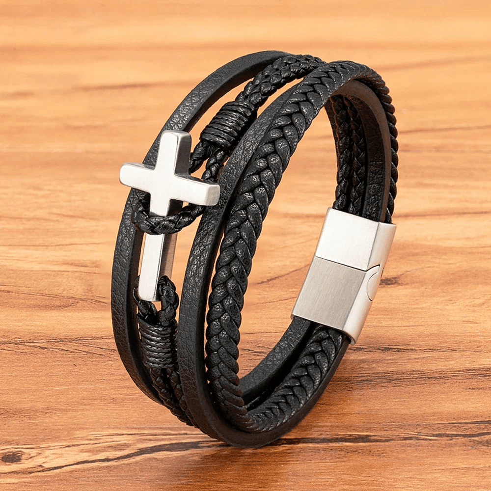 Christianartworkshop Tri - Color Stainless Steel Cross & Braided Leather Fashion Bracelet - Silver Cross - 23CM - image 12
