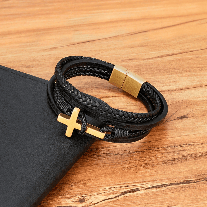 Christianartworkshop Tri - Color Stainless Steel Cross & Braided Leather Fashion Bracelet - image 11