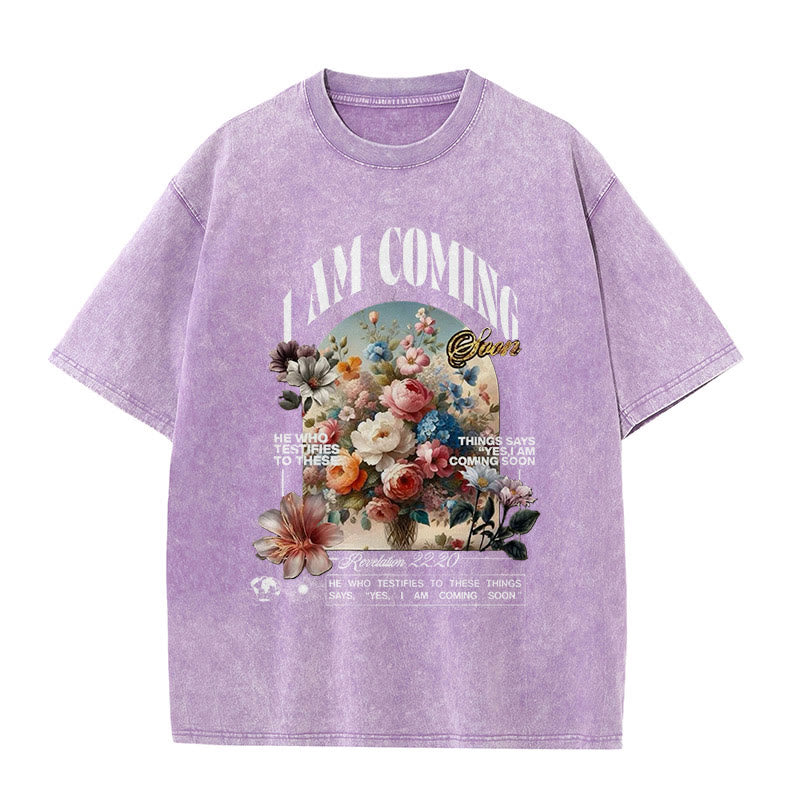 Christianartworkshop Vintage Floral I AM COMING Christian Unisex Washed T-shirt - Purple - 5XL - image 0
