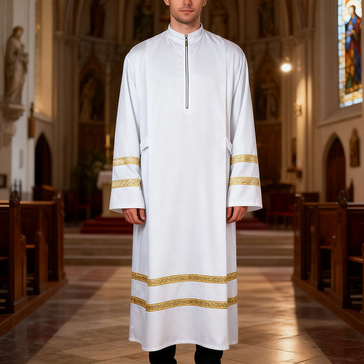 Christianartworkshop Multi - Style White Clergy Robes: Ideal for Church Worship & Rituals - With Golden Stripes - 3XL - image 4