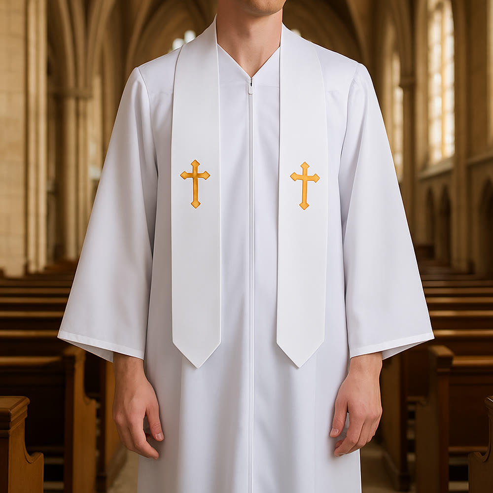 Christianartworkshop Elegant Black & White Clergy Robes: Golden Cross Detail - White - 3XL - image 0